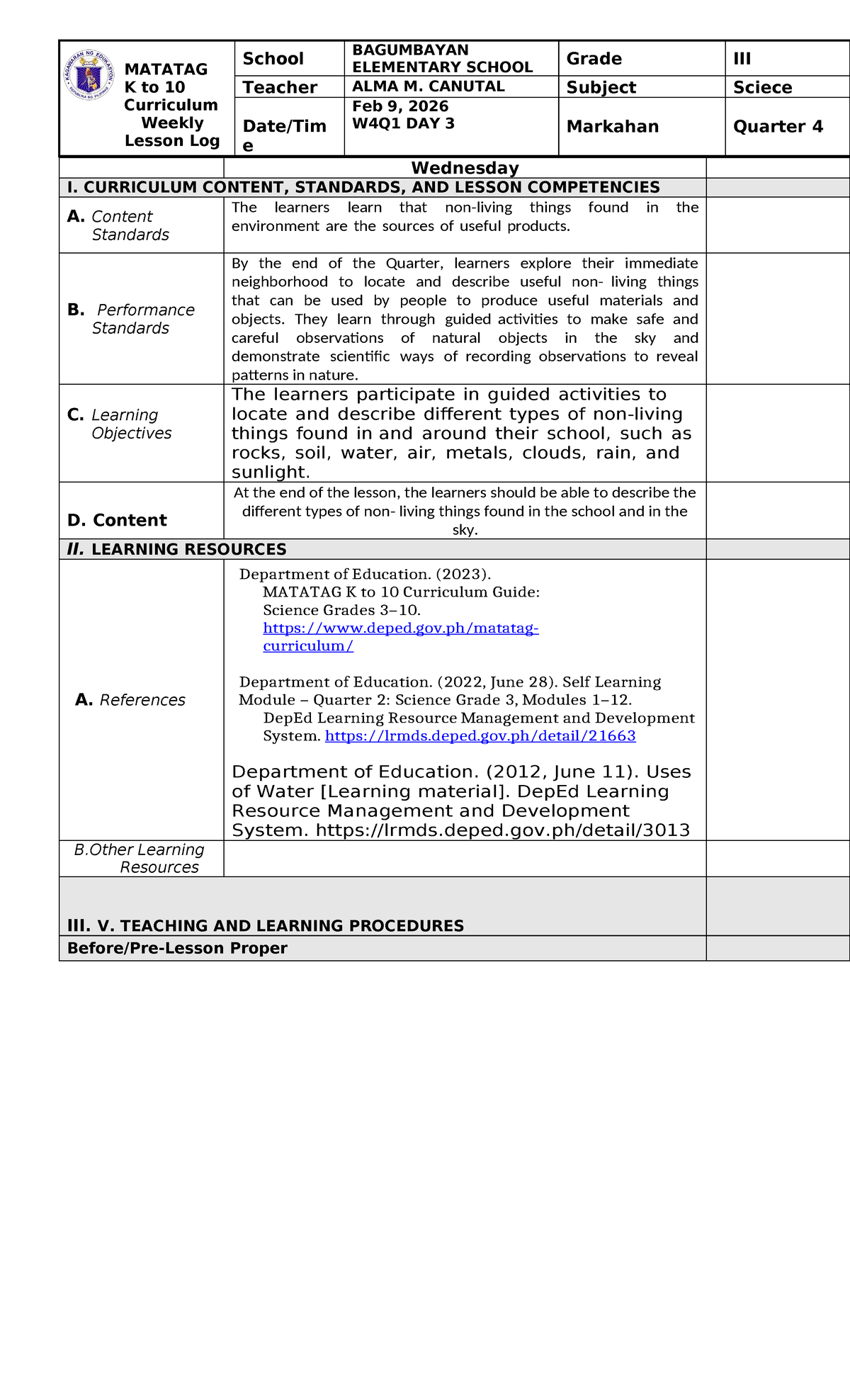MATATAG K to 10 Curriculum: Science Grade 3 Weekly Lesson Log - Studocu