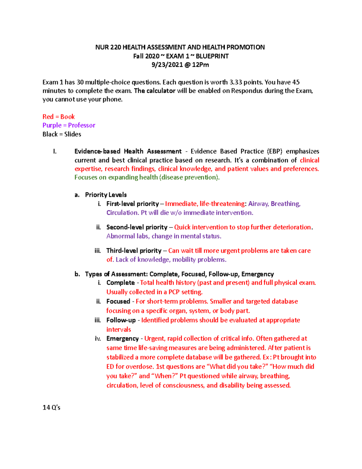 NUR 220 Health Assessment Exam 1 Blueprint Fall 2021 Study Guide - Studocu