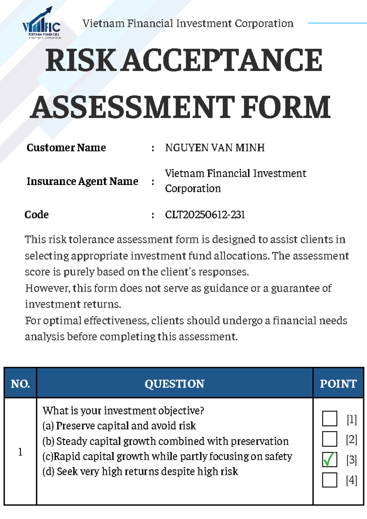 Vietnam Financial Investment Corp. Risk Acceptance Assessment Form ...