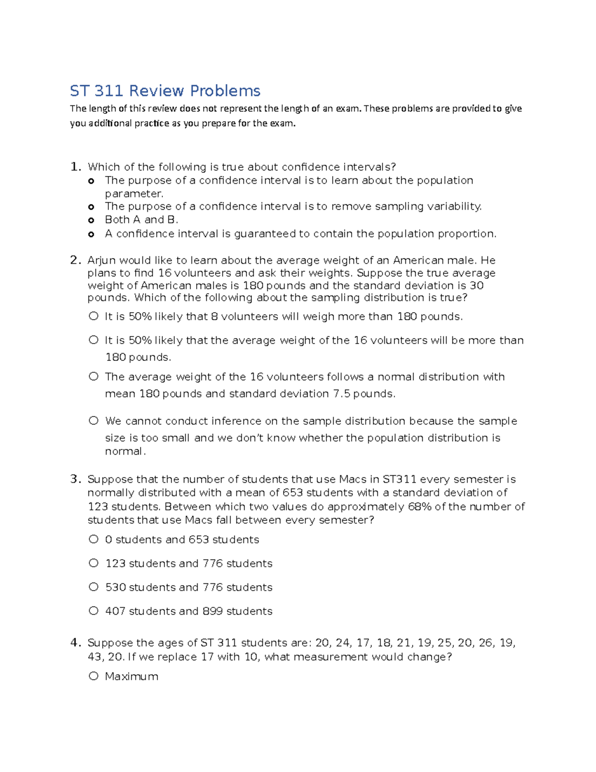 ST 311 Exam Review Problems - Practice Questions by Dr. Opperman - Studocu