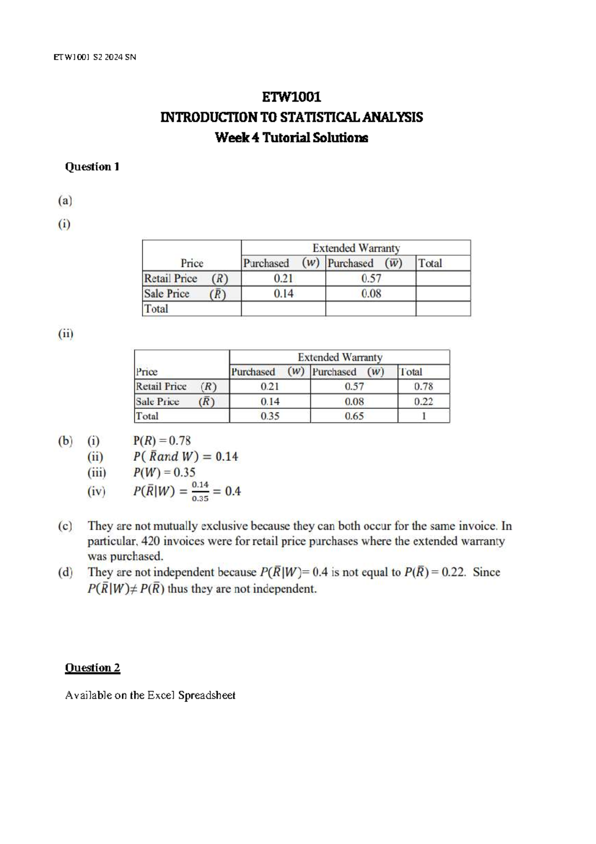 ETW1001 W4 Tutorial QA - Introductory to Statistical Analysis - ETW1001 ...