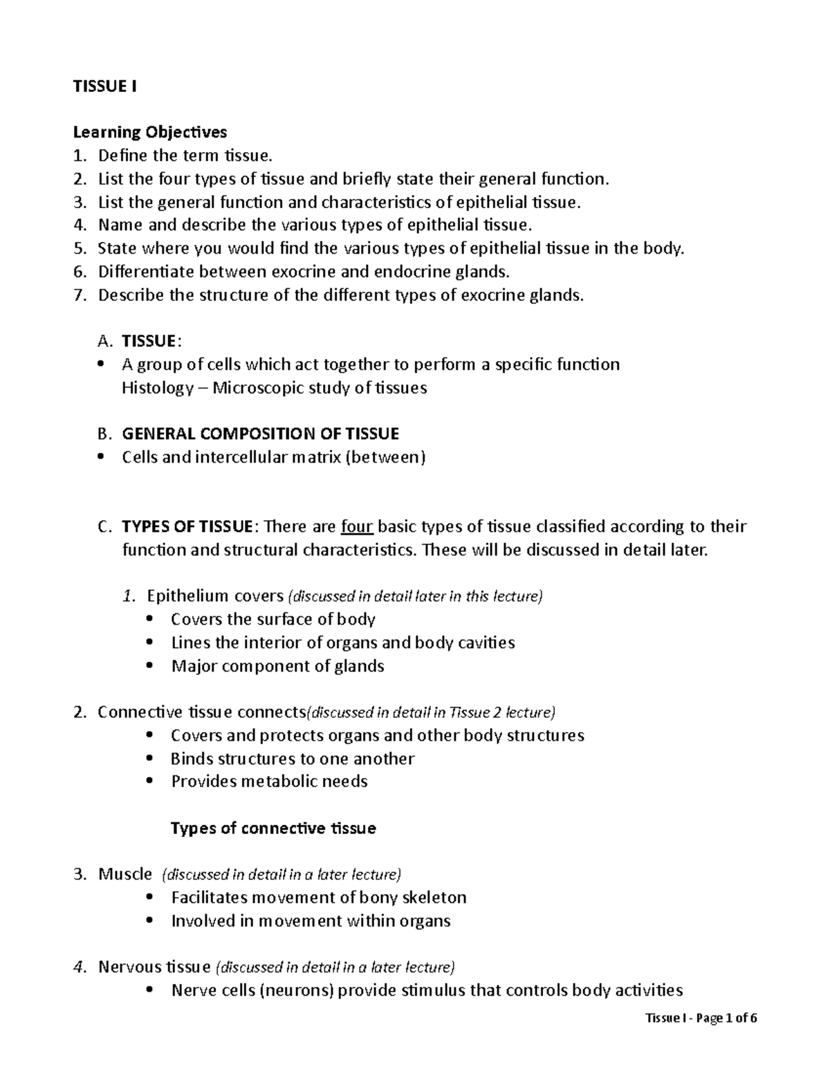 3 Tissue I Epithelium and Nervous Tissue - TISSUE I Learning Objectives ...