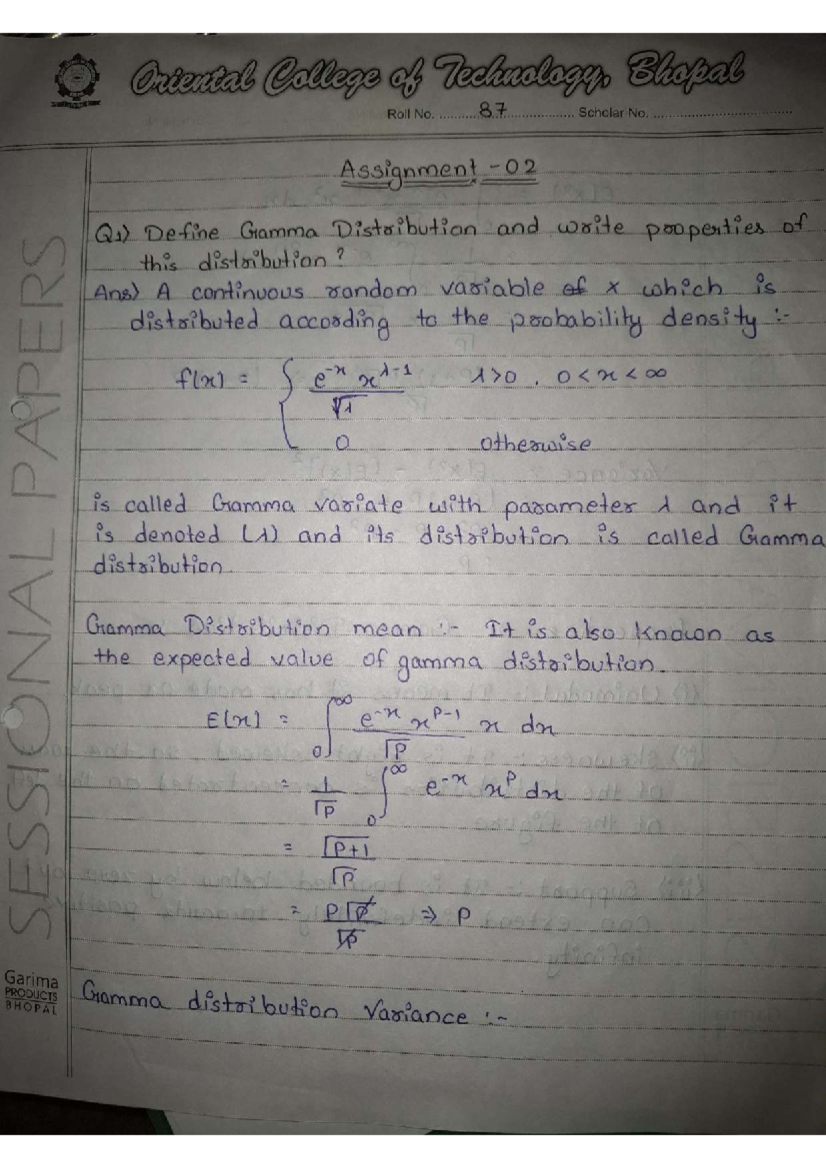 Gamma and Normal Distribution Properties - Assignment 02 (OCT Bhopal ...
