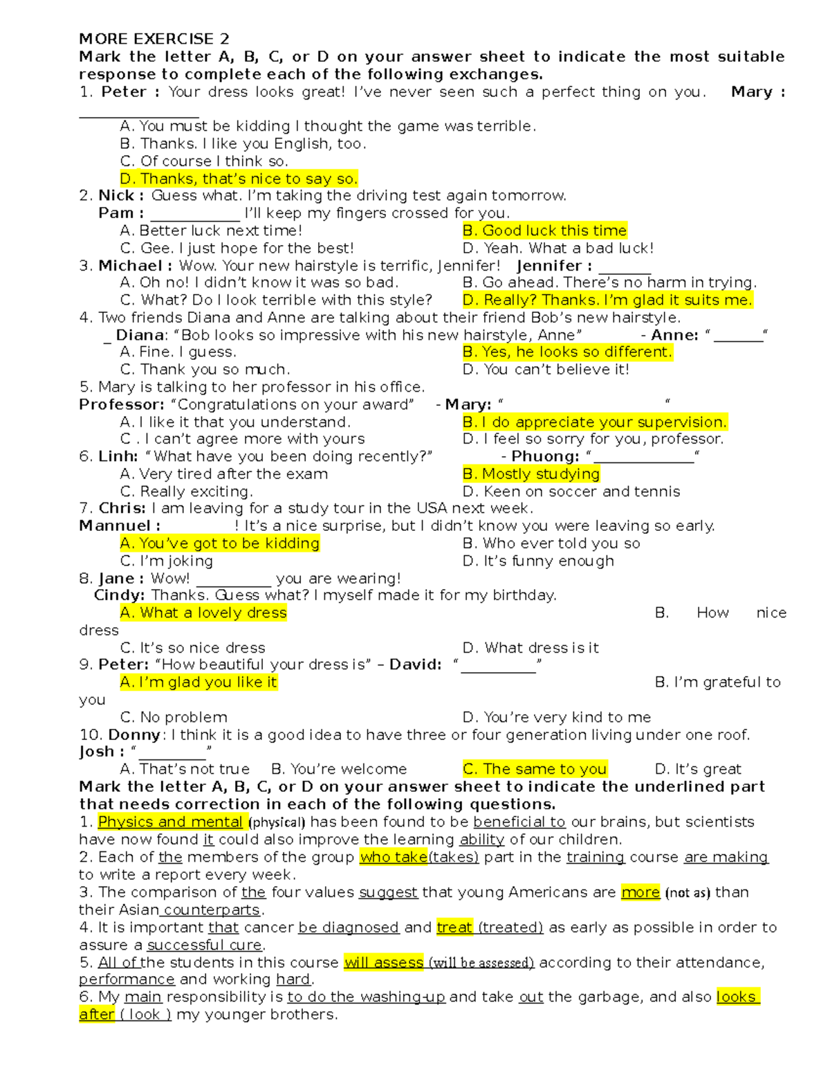 MORE Exercise 2. doc (1) 1 - MORE EXERCISE 2 Mark the letter A, B, C ...