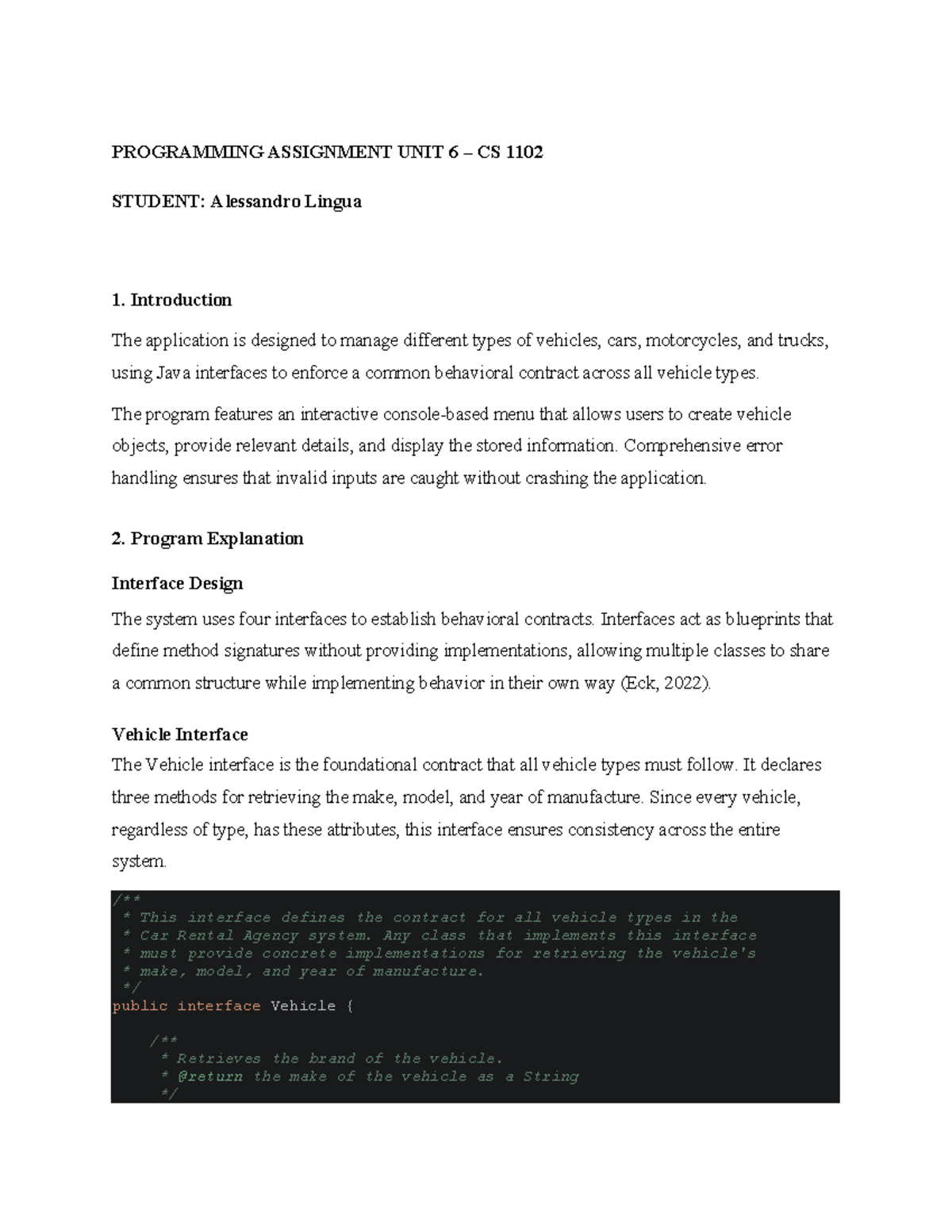 Programming Assignment Unit 6 - CS 1102 - Vehicle Management System ...