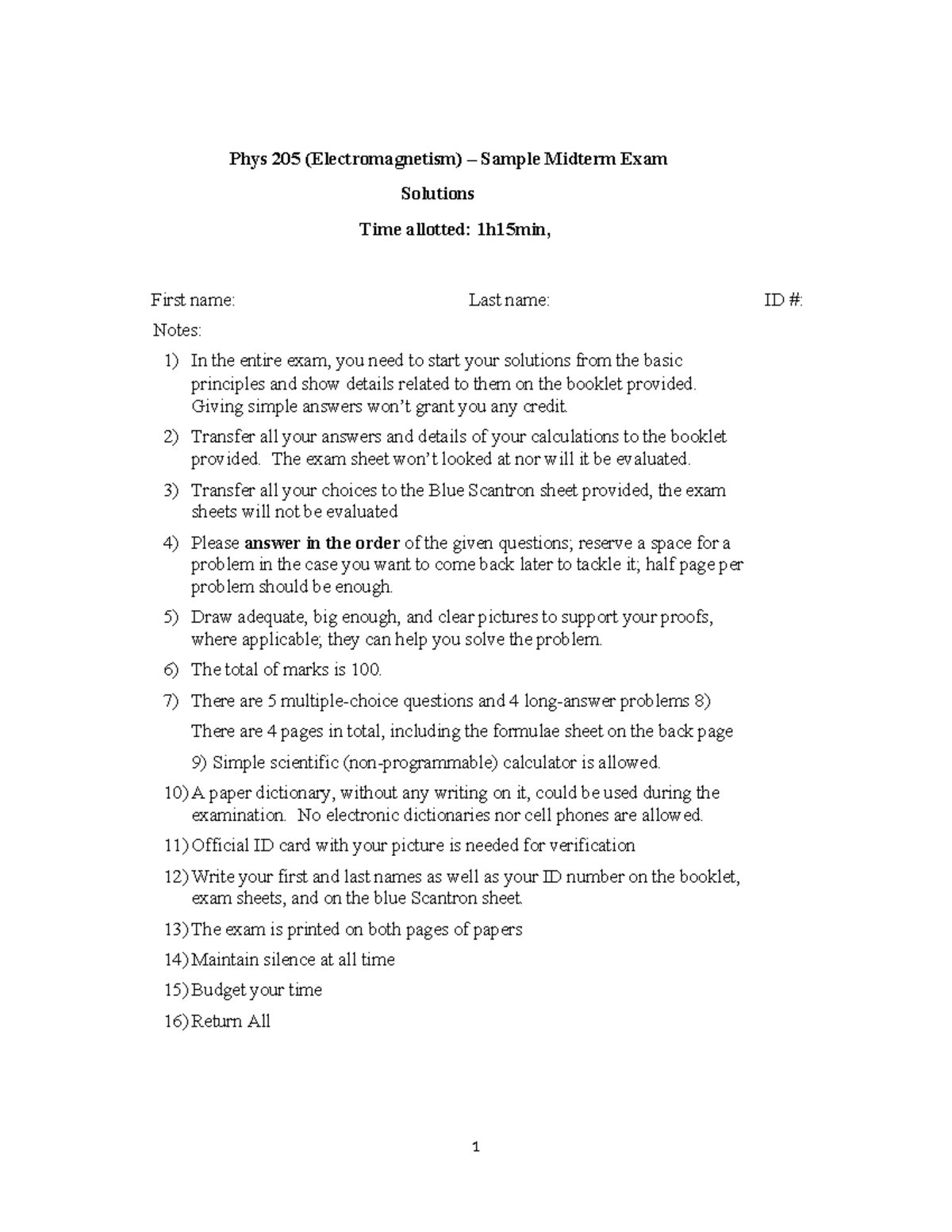 PHYS205 - Comprehensive Sample Midterm Exam with Solutions - Studocu