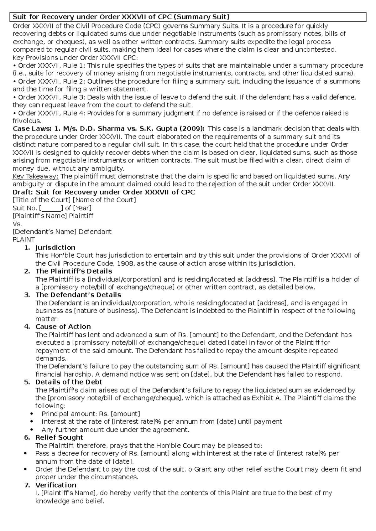 Suit Recovery Formats & Case Law Summary Under Order XXXVII & Order 41 ...