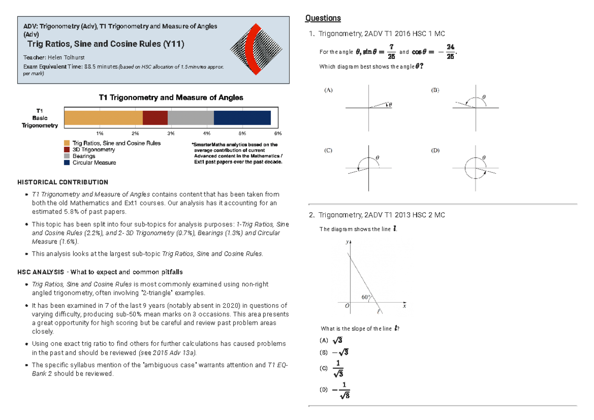 Final Exam Notes: Trig Ratios & Sine/Cosine Rules (2ADV T1) - Studocu