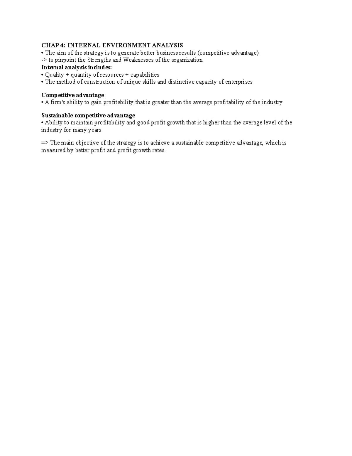 CHAP 4 - CHAP 4: INTERNAL ENVIRONMENT ANALYSIS - CHAP 4: INTERNAL ...