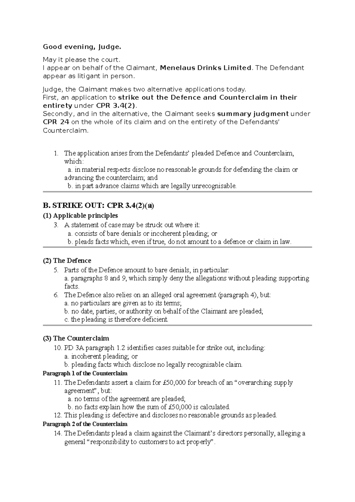 Final Draft: Claimant's Application to Strike Out Defence ...