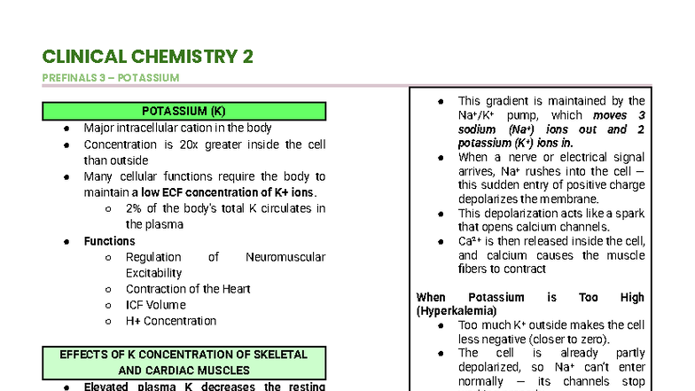 CLINICAL CHEMISTRY 2 PREFINALS 3: POTASSIUM REGULATION AND EFFECTS ...