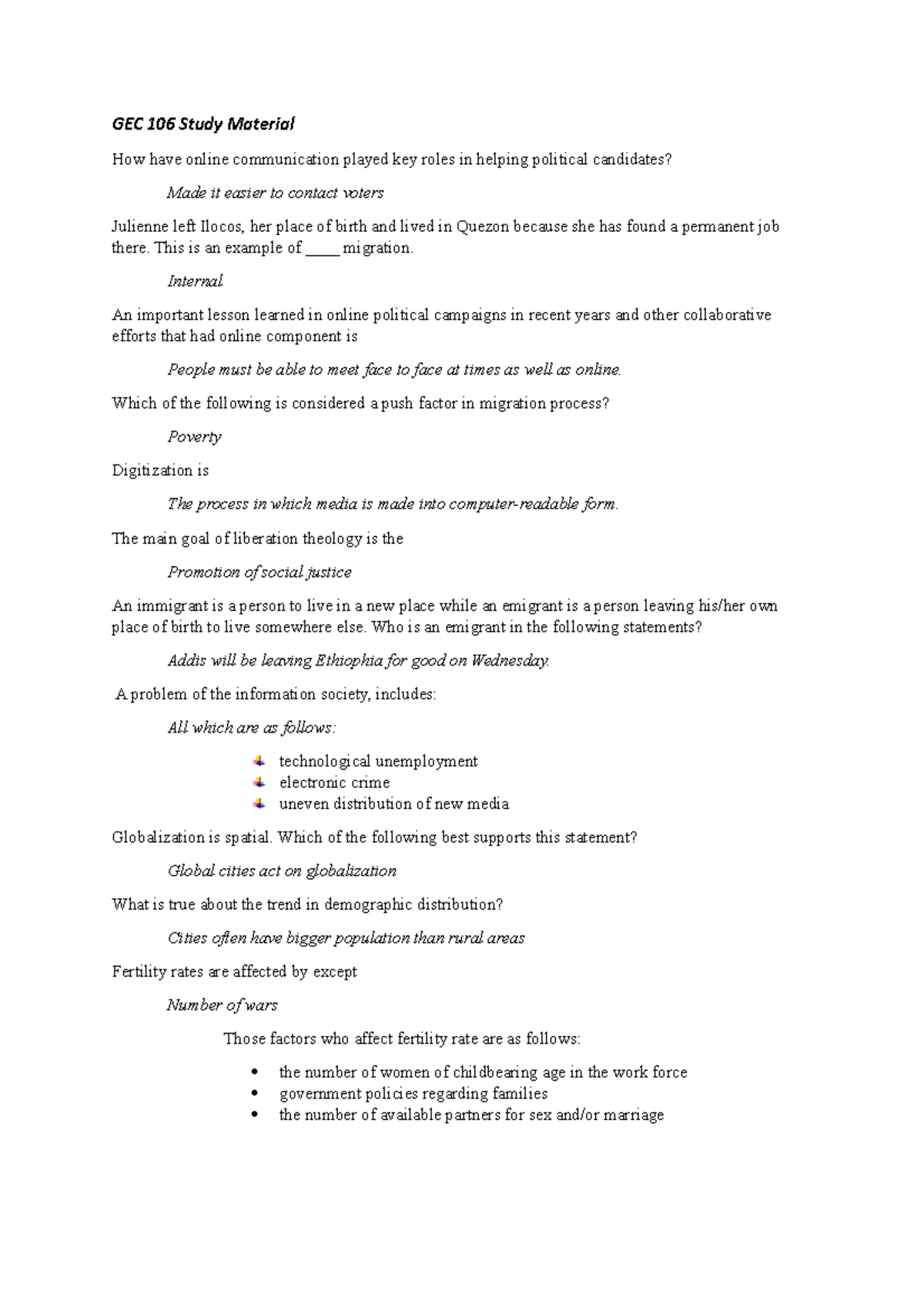GEC 106 Study Material - Exam Reviewer and Notes - GEC 106 Study ...