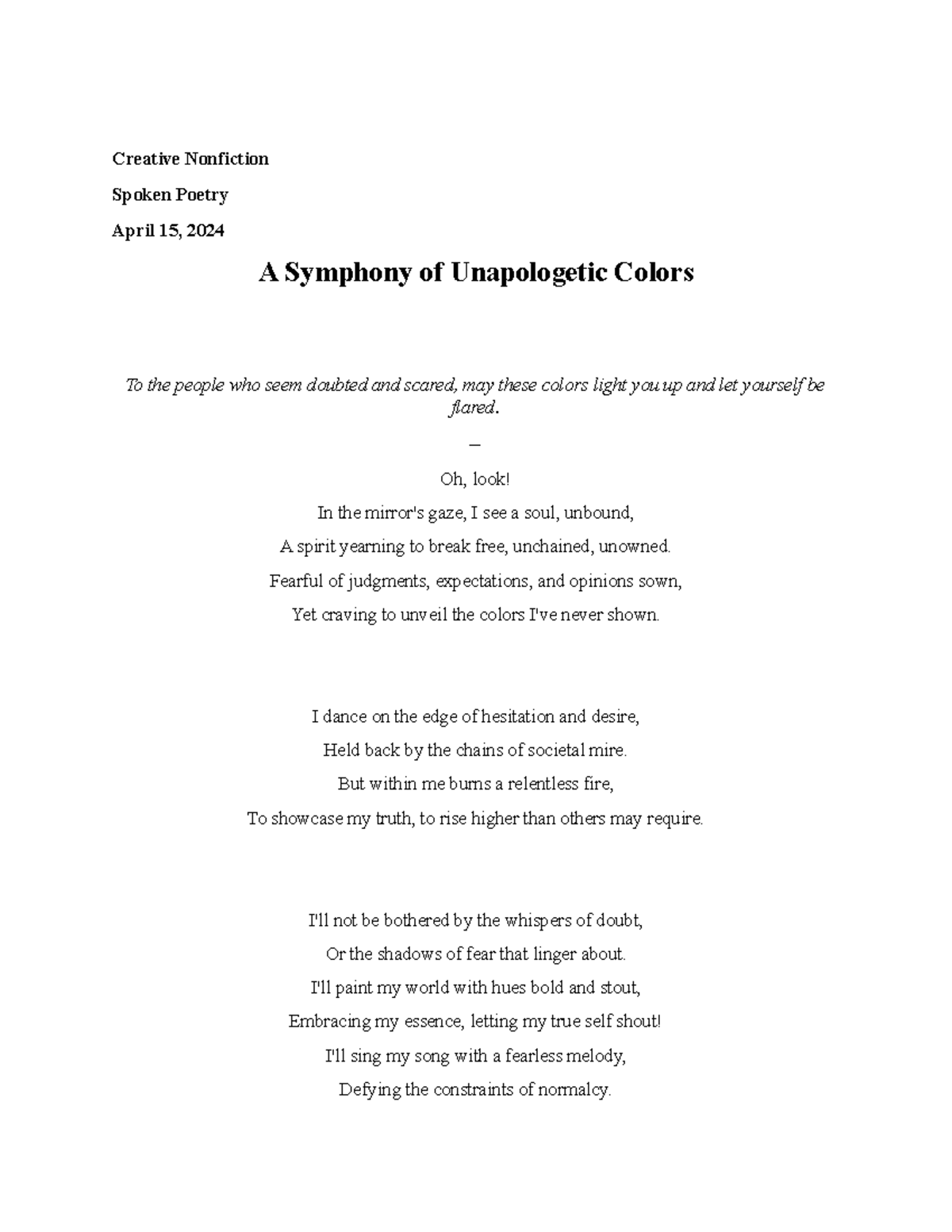 Creative Writing Poem - A Symphony of Unapologetic Colors - Studocu