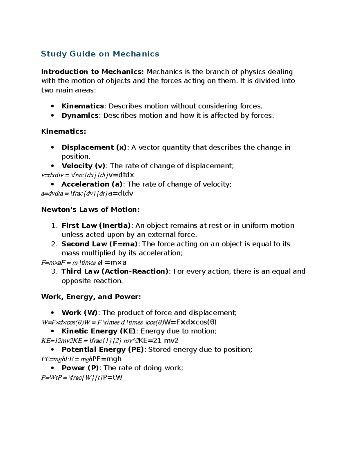 CH 10 Study Guide: Introduction to Mechanics for Exam - Studocu