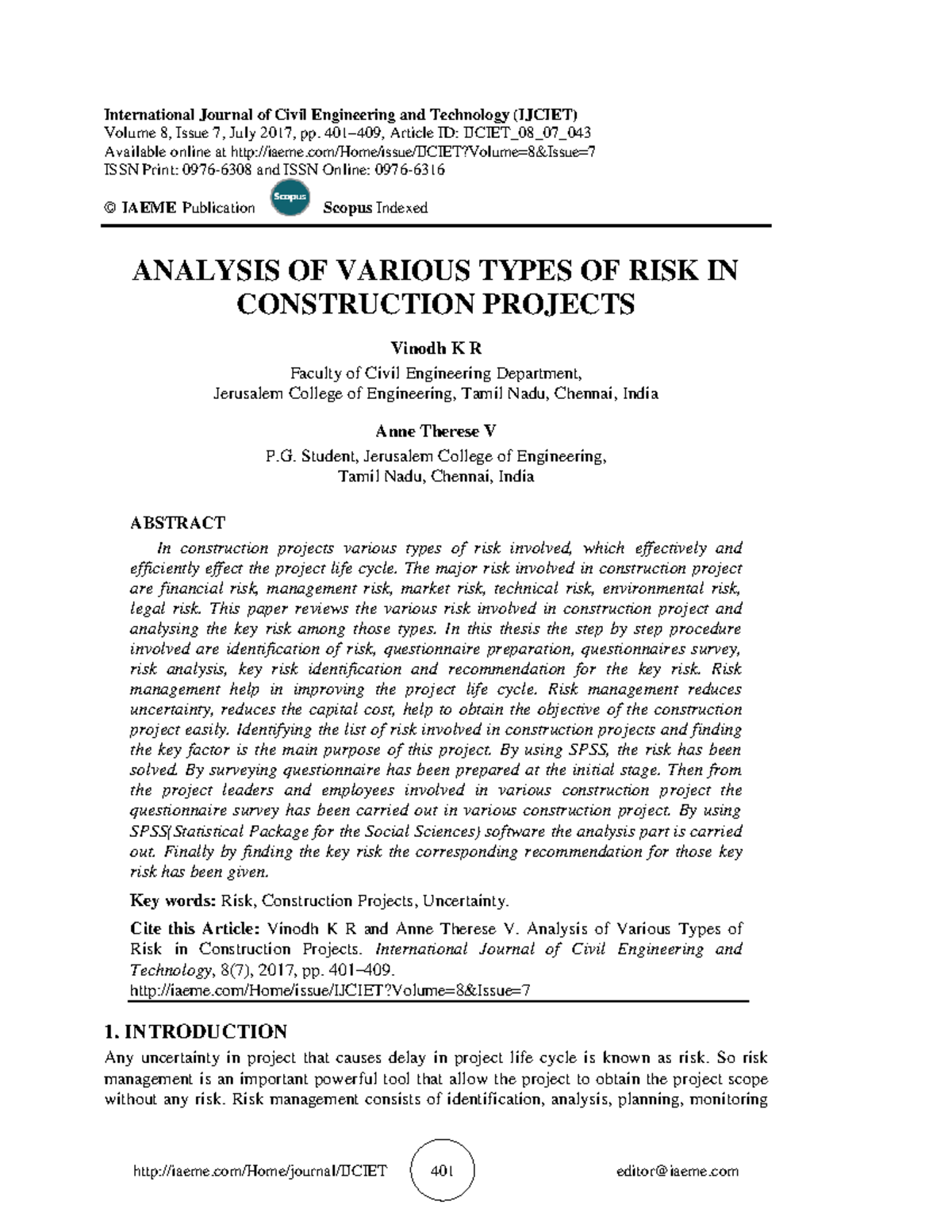Analysis of Risk Types in Construction Projects - IJCIET 08(7) - Studocu