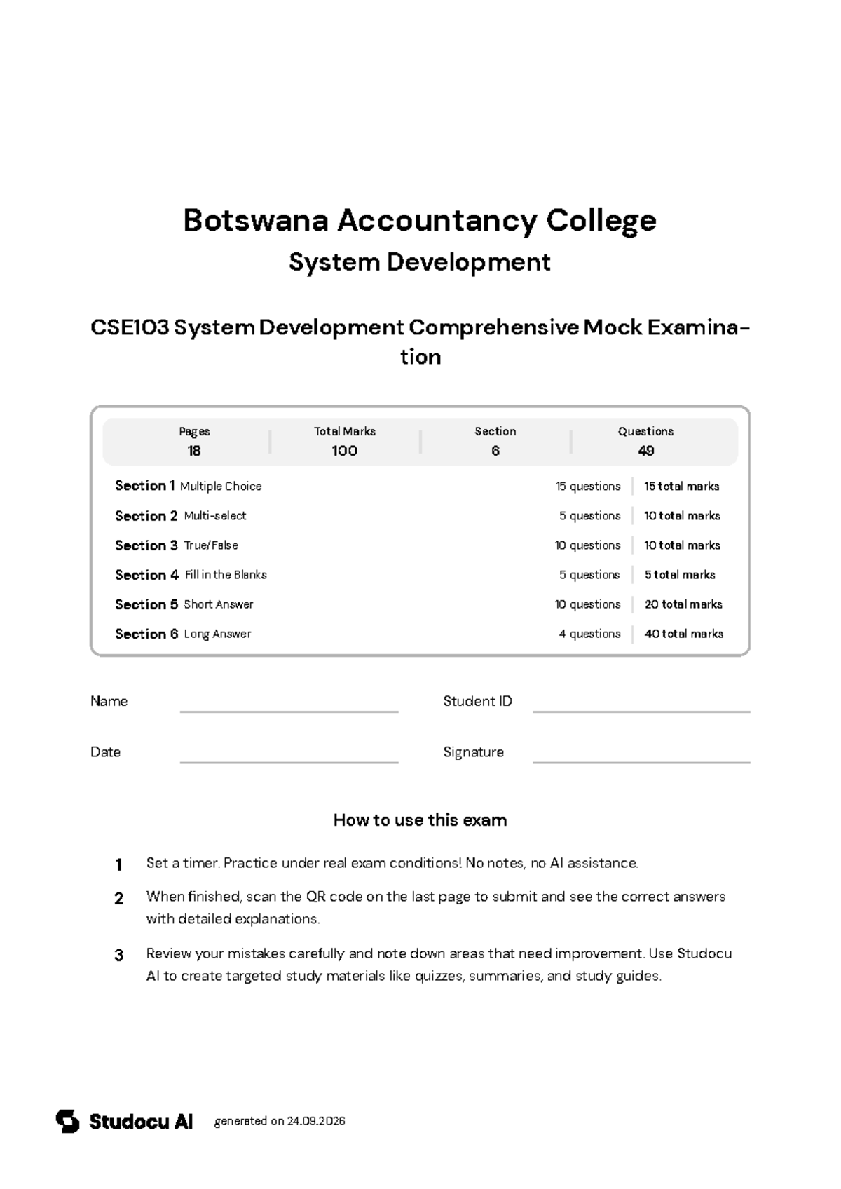 CSE103 Comprehensive Mock Exam on System Development - Studocu