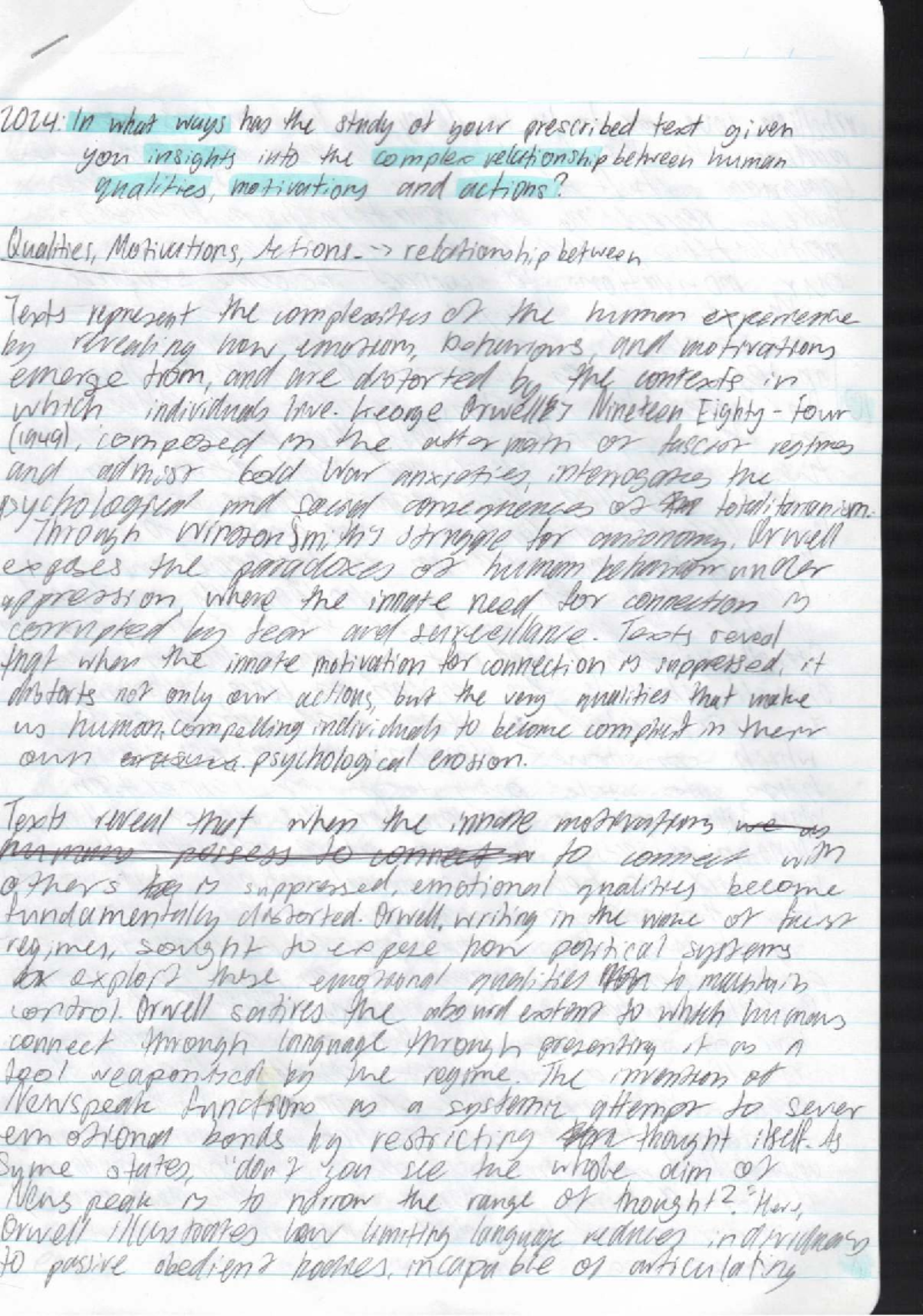 HSC Essay: Insights on Human Qualities in Orwell's 1984 - Studocu