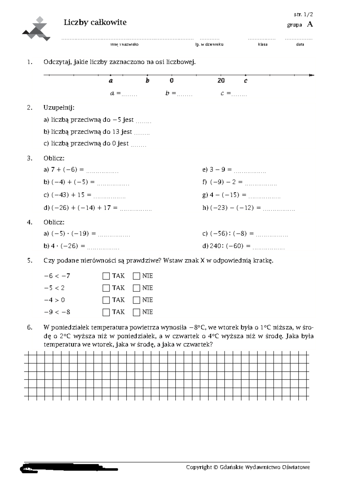 Liczby Całkowite Klasa 5 Sprawdzian Gr A I B