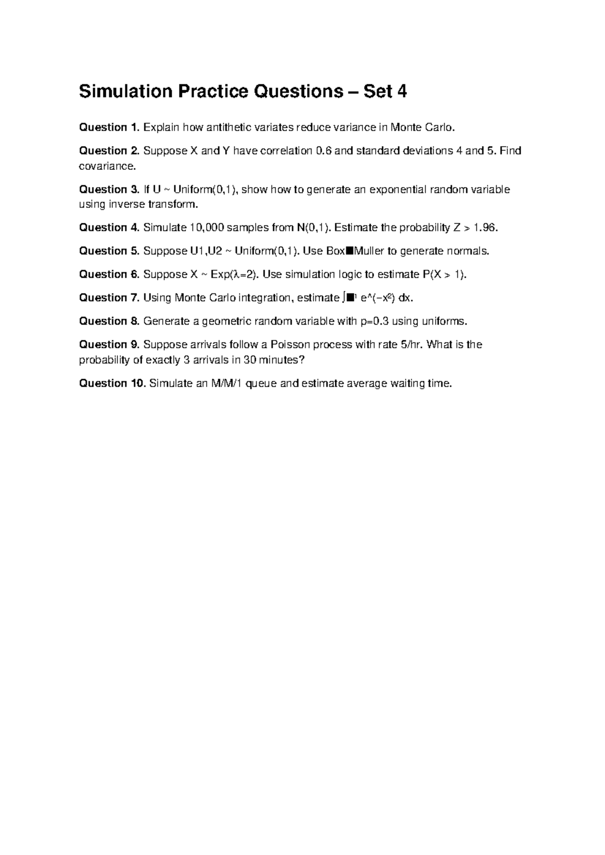 Simulation Practice Set 4: Variance Reduction & Monte Carlo Techniques ...