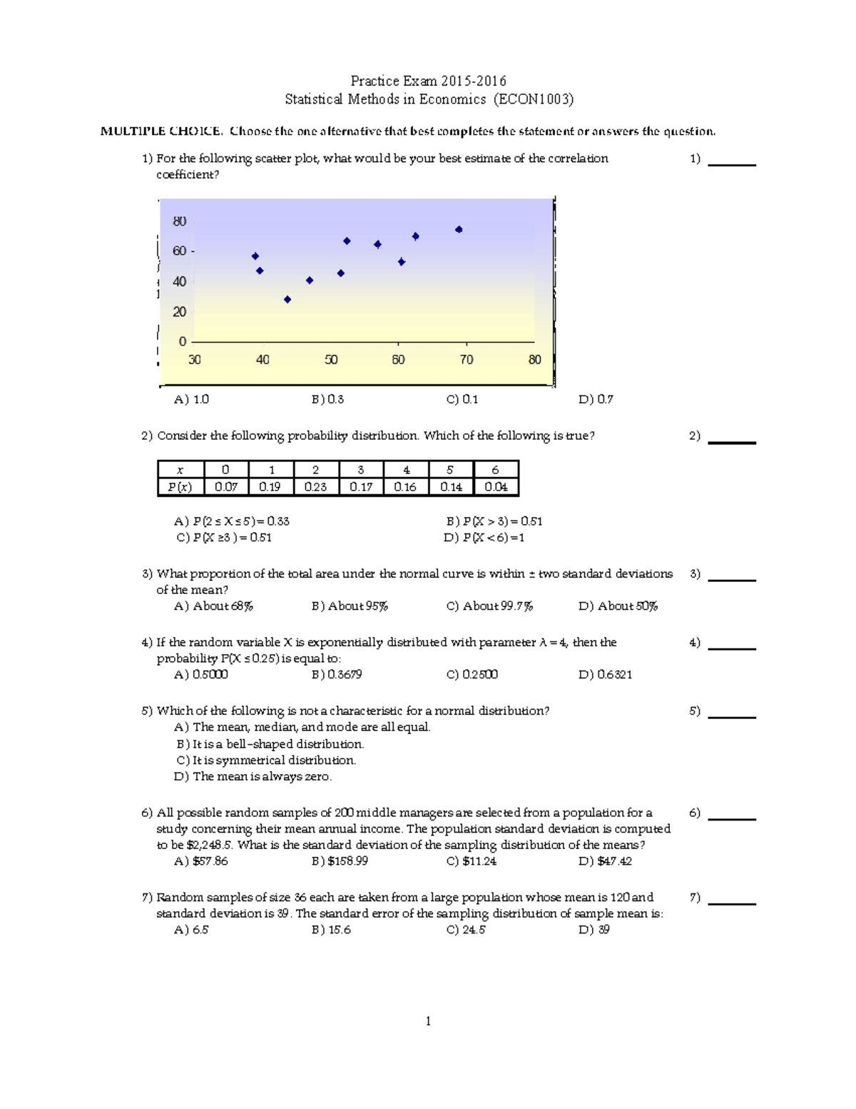 Practice Exam Questions for Statistical Methods in Economics (ECON1003 ...