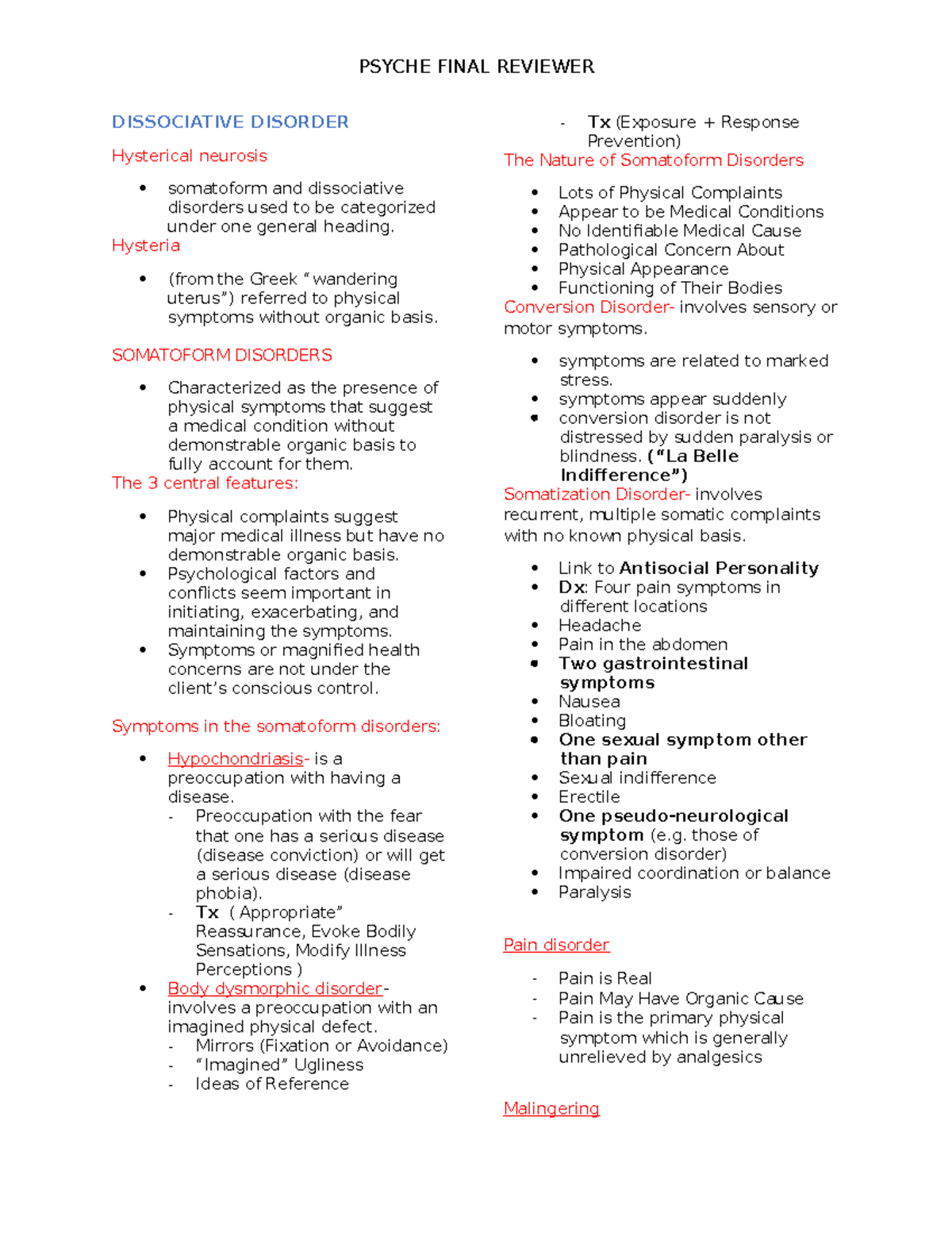 Psyche PSY 101 Final Exam Reviewer: Dissociative & Mood Disorders Notes ...