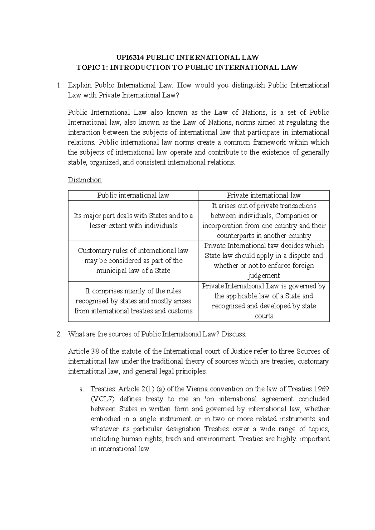 UPI6314 PIL TUT: Intro to Public International Law Overview - Studocu