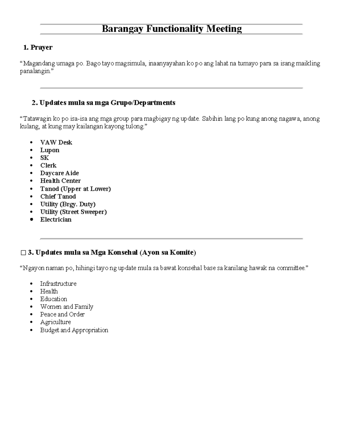 Barangay Functionality Meeting Script: Updates and Discussions - Studocu