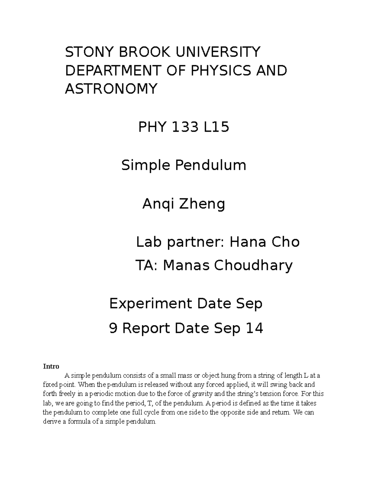 Simple Pendulum Lab Report - PHY 133 L15 - Studocu