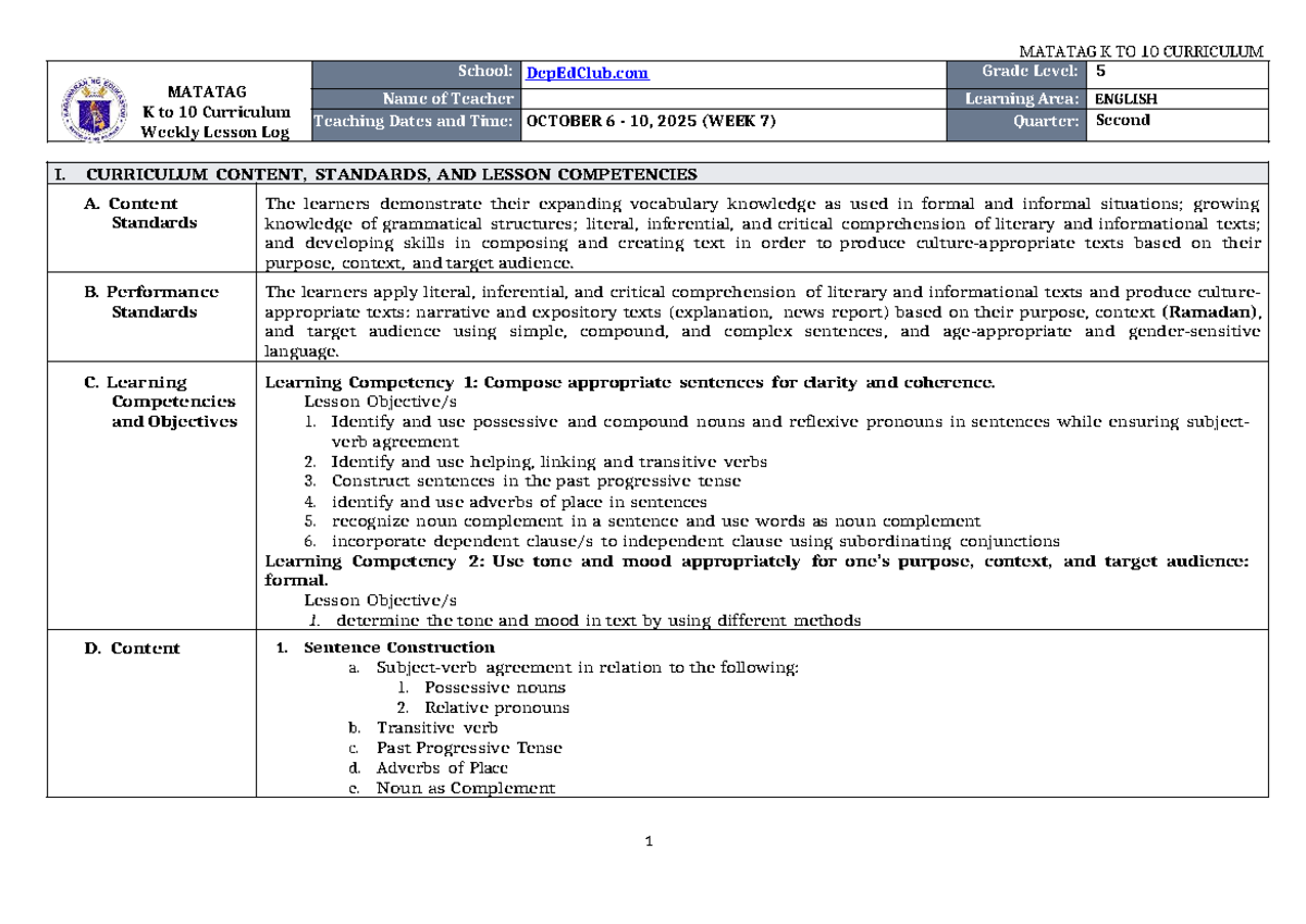 DLL Matatag K to 10 English 5 Weekly Lesson Log Q2 W7 - Studocu