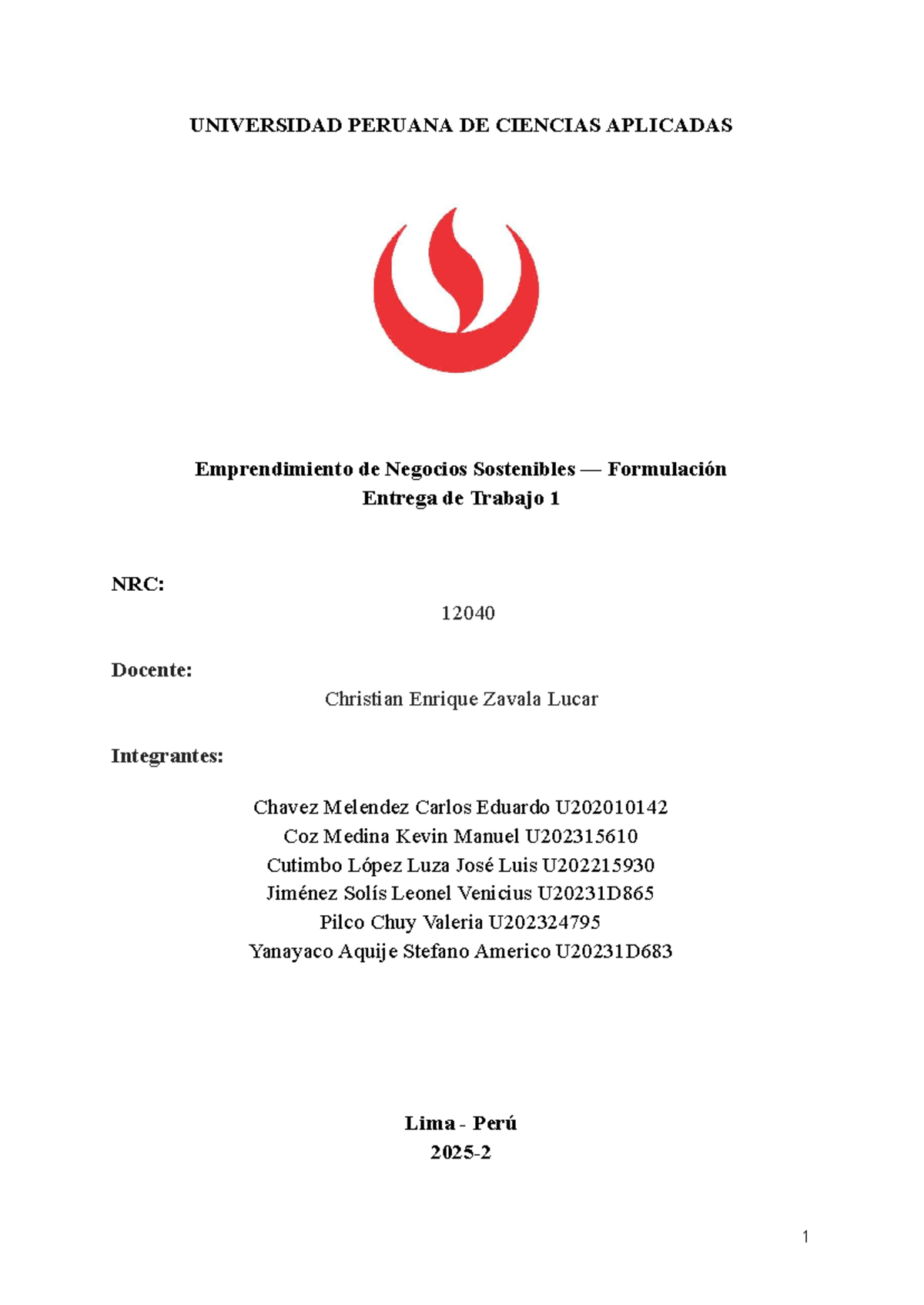 Informe TB1 - Emprendimiento de Negocios Sostenibles: Formulación y Viabilidad - Document Preview