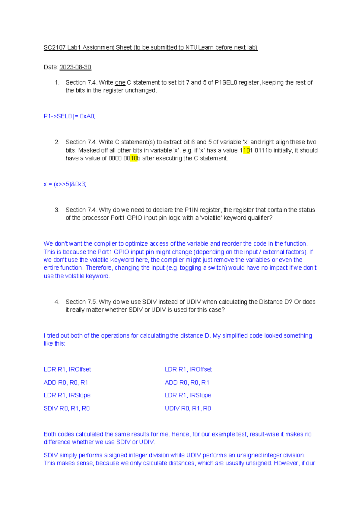 SC2107 Lab1 Assignment: C Programming & Register Management - Studocu