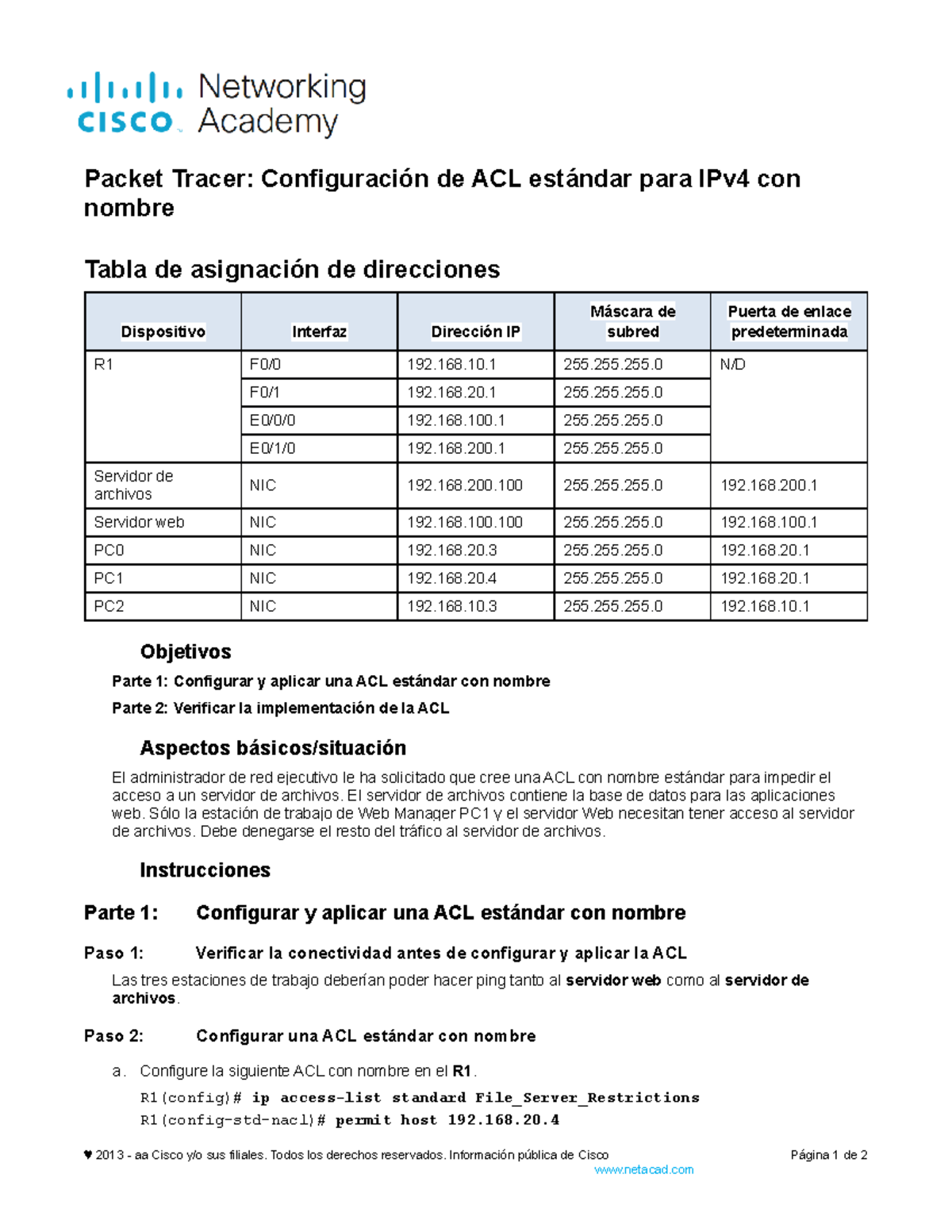 5.1.9 Packet Tracer - Configuración de ACL Estándar IPv4 con Nombre ...