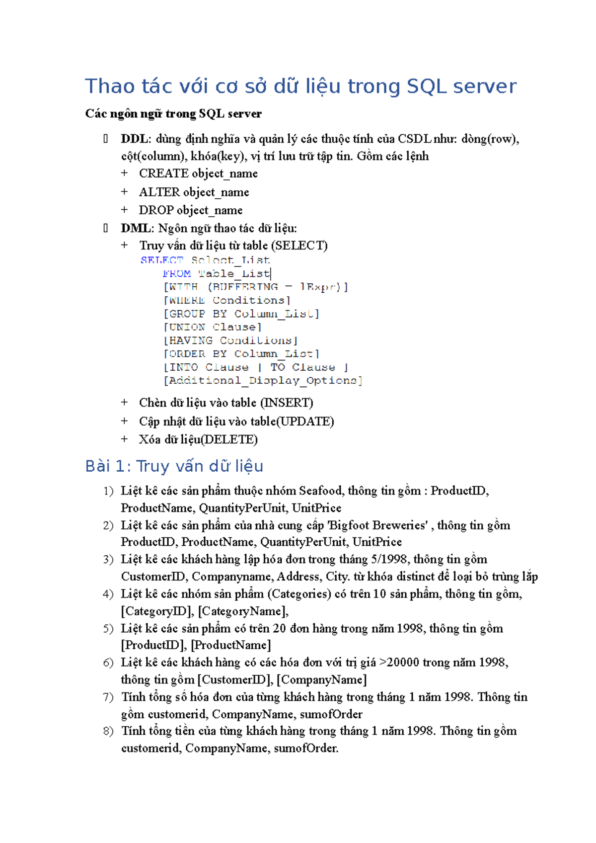 Bài Tập SQL: Thao Tác Với Cơ Sở Dữ Liệu Trong SQL Server - Studocu