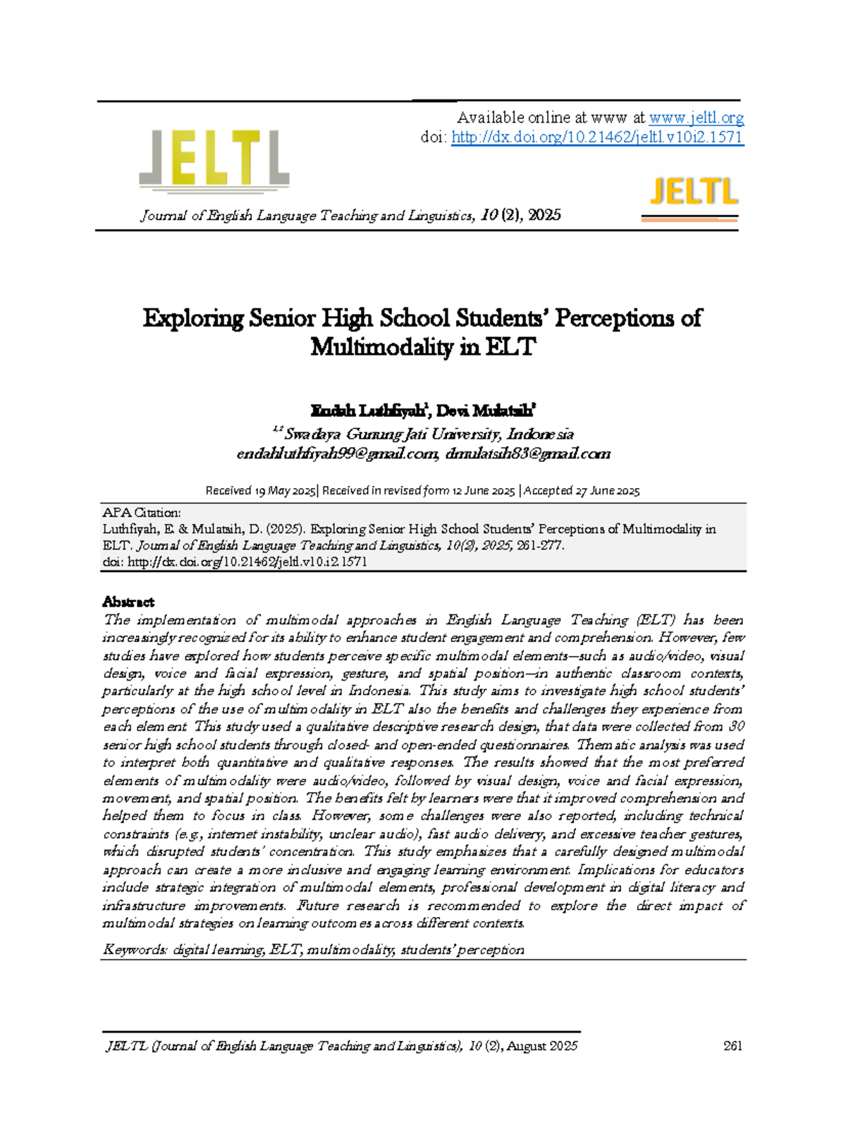 Exploring Senior High School Perceptions of Multimodality in ELT (JELTL ...
