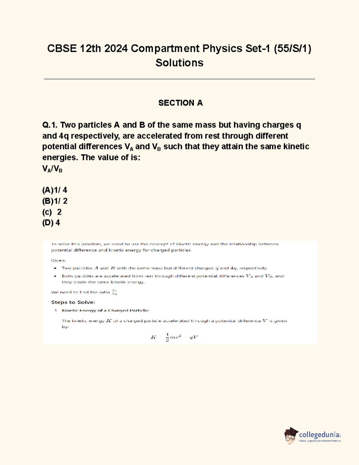 CBSE 12th 2024 Compartment Physics Set 1 Solutions and Explanations ...