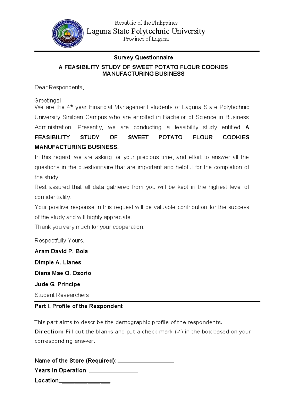 Feasibility Study Survey Questionnaire for Sweet Potato Flour Cookies ...