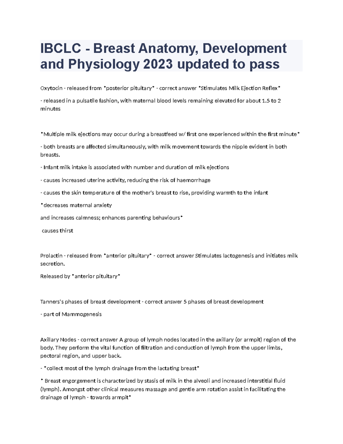 IBCLC - Breast Anatomy, Development & Physiology Study Notes 2023 - Studocu