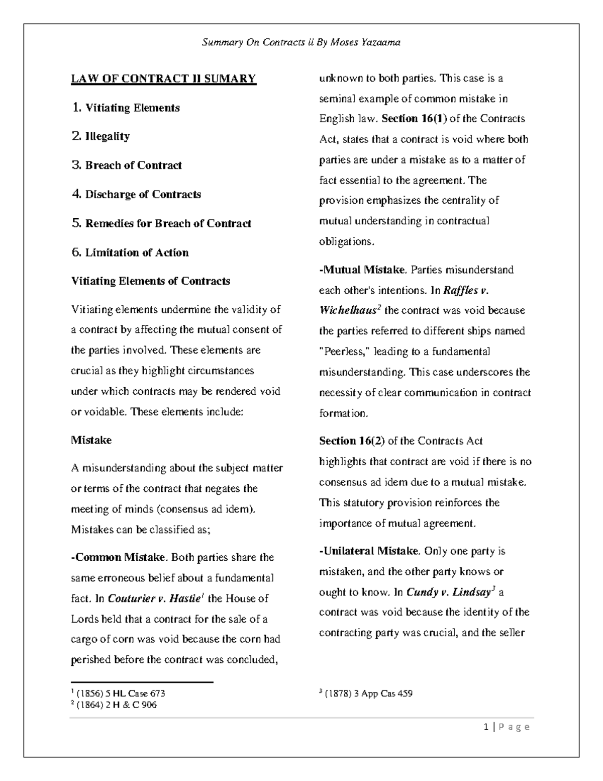 LAW OF CONTRACT II: Comprehensive Summary of Key Principles - Studocu