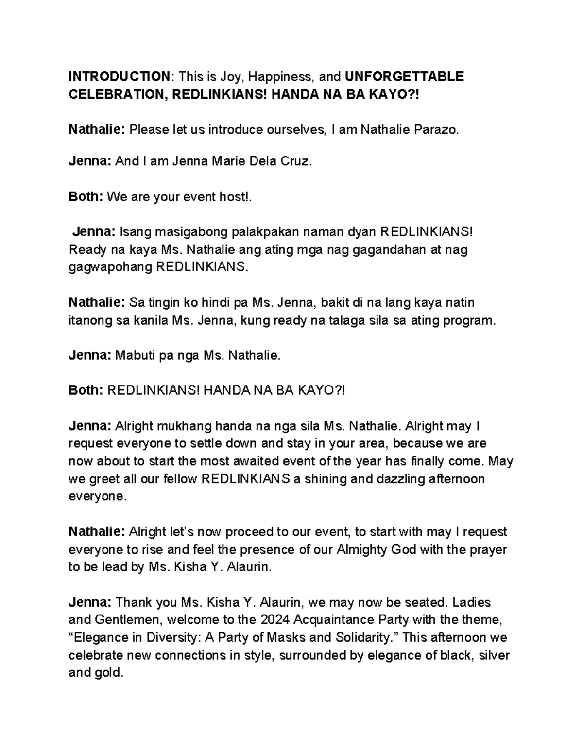 Host Script for the 2024 Acquaintance Party Event - Studocu