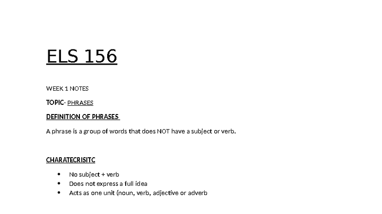 ELS 156 Week 1 Notes: Understanding Phrases and Their Types - Studocu