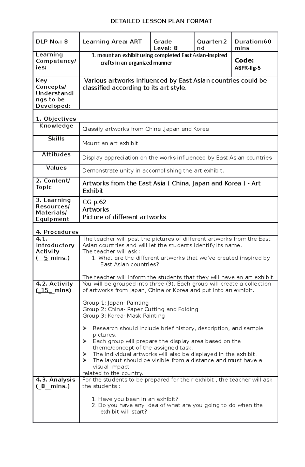 DLP ARTS 11 - Lesson Plan for East Asian Art Exhibit - Studocu
