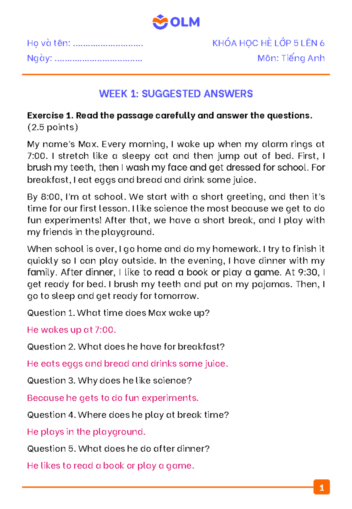 KEY Homework 6 - WEEK 1: Suggested Answers for English Class - Studocu