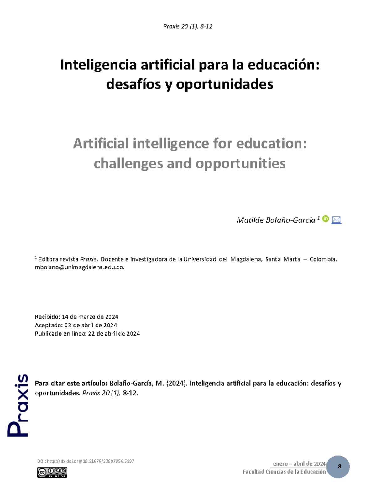 Praxis 20 (1): Desafíos y Oportunidades de la IA en Educación - Studocu