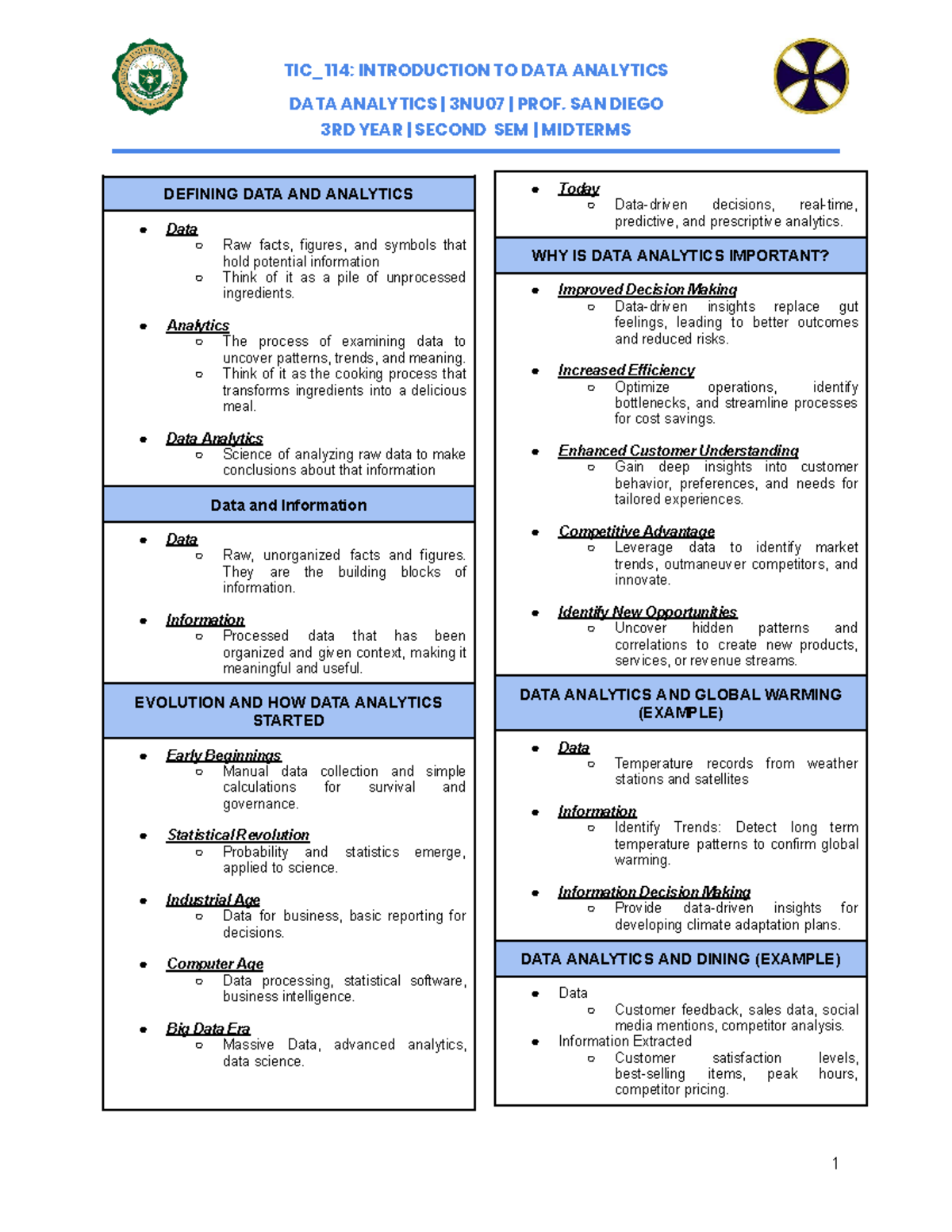 TIC_114: Midterm Study Notes on Introduction to Data Analytics - Studocu