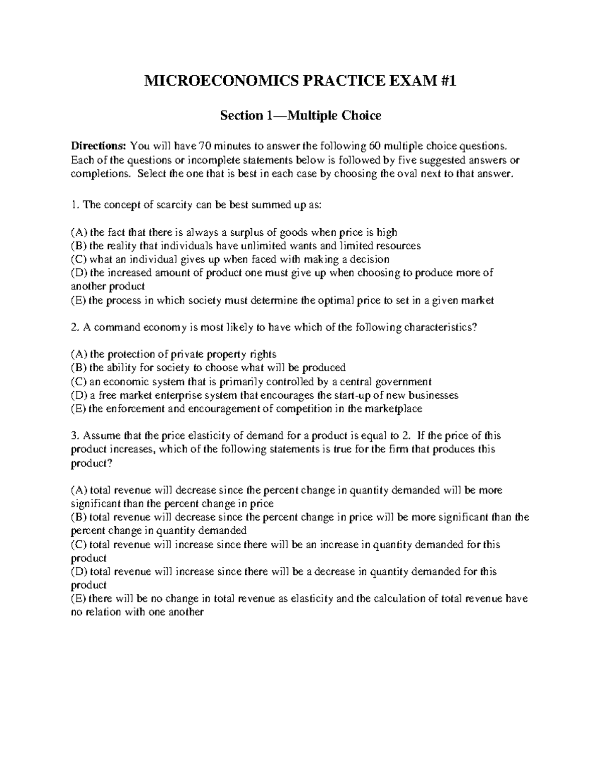 AP Microeconomics Practice Exam 1: Multiple Choice Questions - Studocu