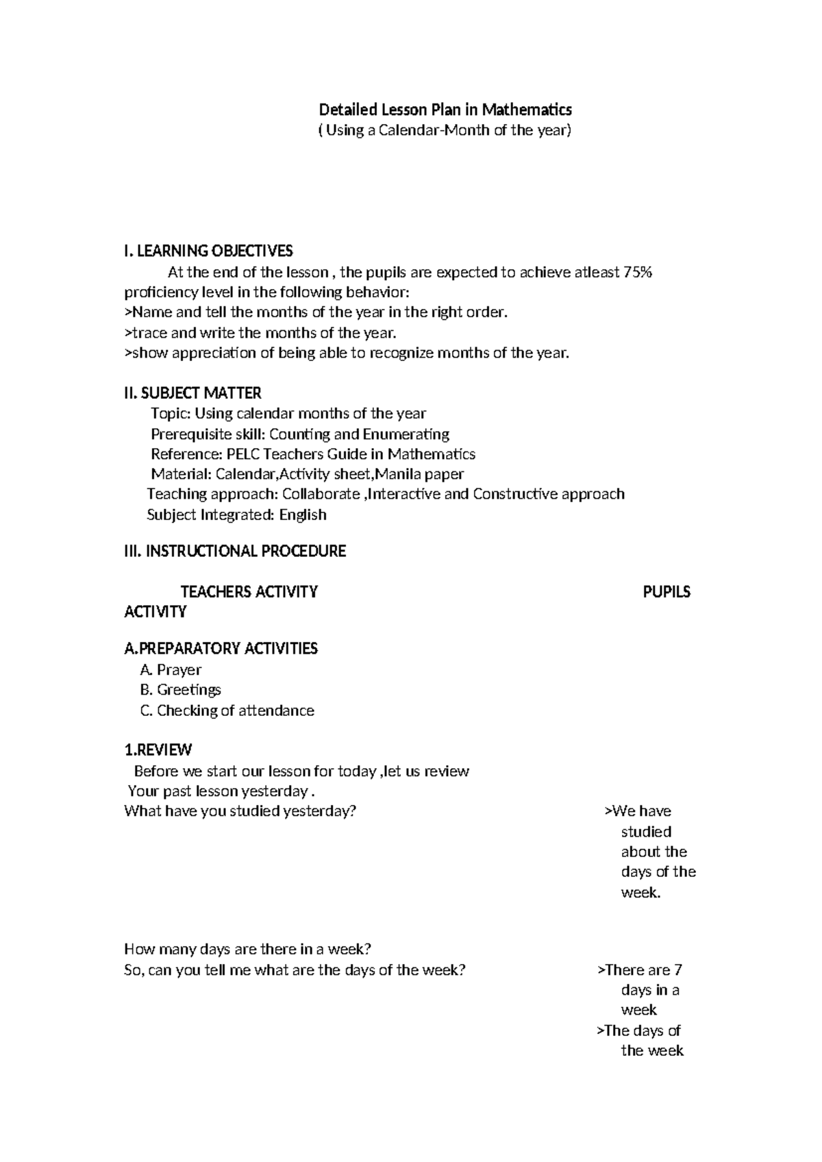 Detailed Lesson Plan in Mathematics - LEARNING OBJECTIVES At the end of ...
