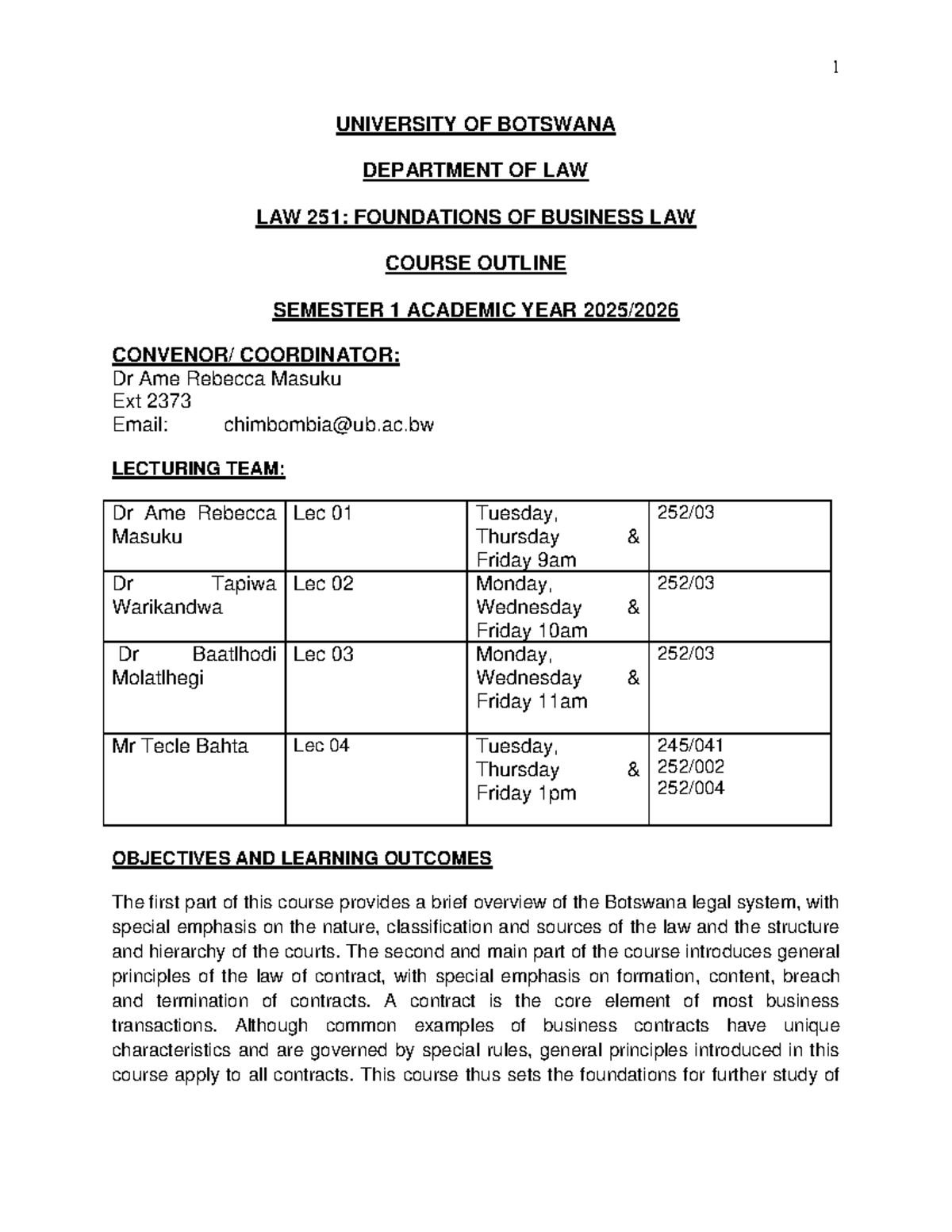 LAW 251: Foundations of Business Law Course Outline 2025-6 - Studocu