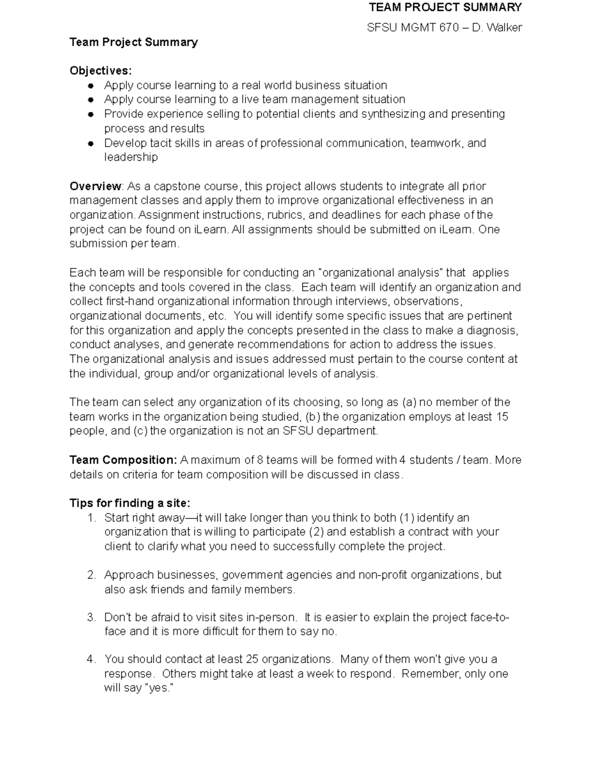 Team Project Summary 670 - TEAM PROJECT SUMMARY SFSU MGMT 670 – D ...