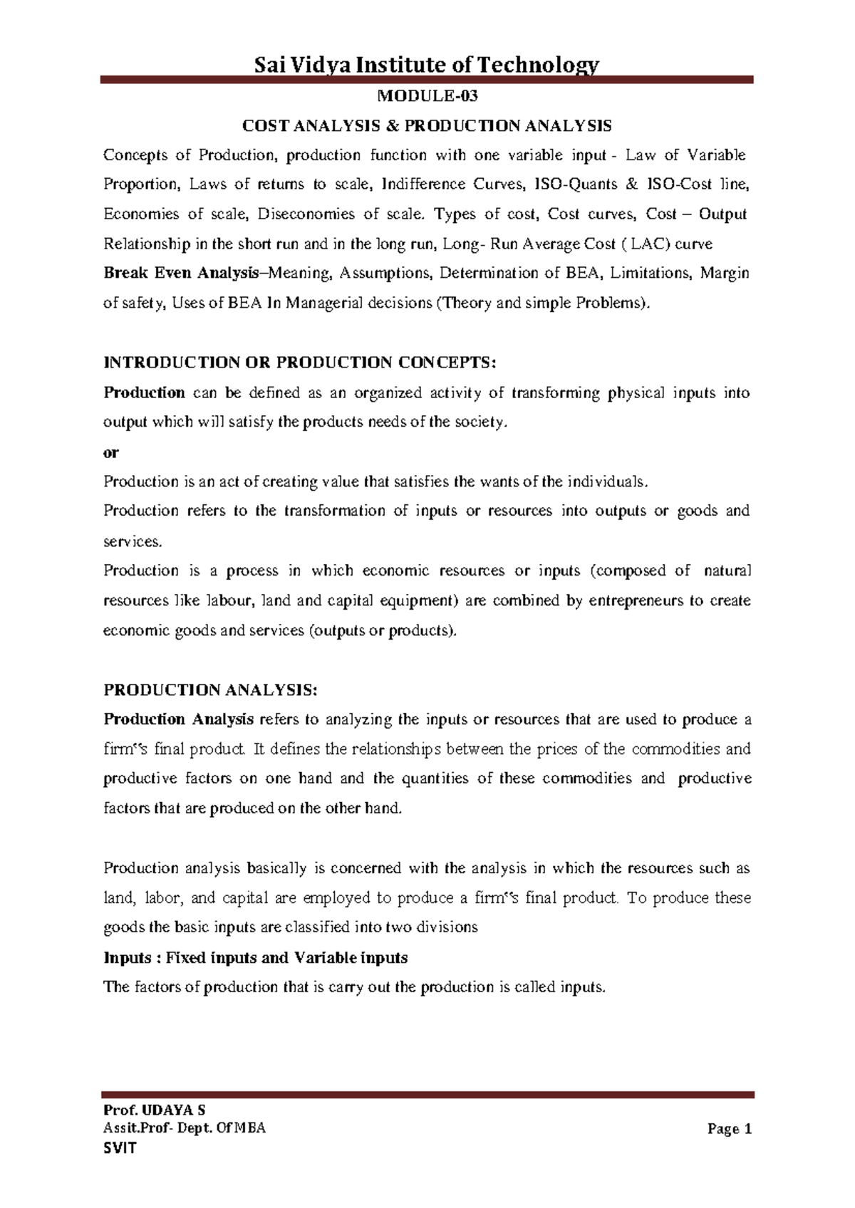 Economies of Scale & Production Analysis - MBA Final Study Notes - Studocu
