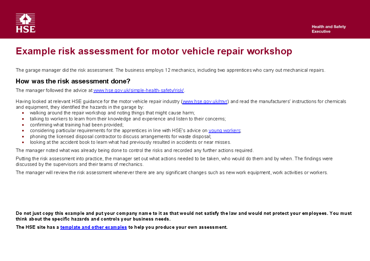 Risk Assessment for Motor Vehicle Repair Workshop (MVR 101) - Studocu